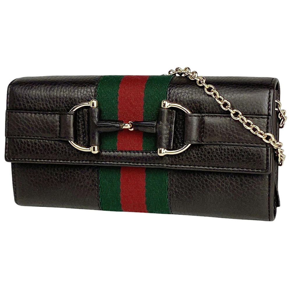 Gucci Horsebit Long Wallet Chain Sherry Web Leather Brown